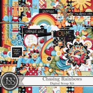 Kit de Scrapbooking Digital Chasing Rainbows, Elementos e Enfeites