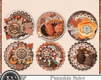 Pumpkin Spice Fall Autumn Cluster Seals Embellishments, Digital Scrapbook Kit