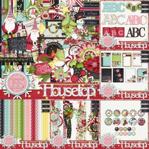 Puede incluir: Un kit de scrapbooking digital con temática navideña. El kit incluye 404 elementos, 40 papeles y 2 alfas. El kit presenta un esquema de color rojo, verde y blanco con una variedad de diseños festivos, incluyendo copos de nieve, bastones de caramelo y Santa Claus. El kit también incluye una variedad de letras y números del alfabeto.