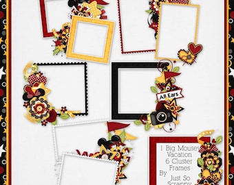 May include: Six digital scrapbook frames with a Mickey Mouse theme. The frames are decorated with red, yellow, and black stars, Mickey Mouse ears, and other festive elements. The text "All Ears" and "1 Big Mousey Vacation 6 Cluster Frames By Just So Scrappy" is included in the image.
