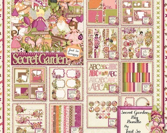 May include: A digital scrapbooking kit with a whimsical garden theme. The kit includes a variety of elements, such as papers, frames, embellishments, and alphabetic letters. The colors are pink, green, and brown. The kit is titled "Secret Garden Big Bundle by Just So Scrappy".