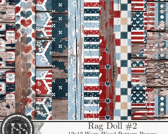 Rag Dolls 2 12x12 Worn Wood Pattern Papers Digital Scrapbook Kit, Shabby, Grungy