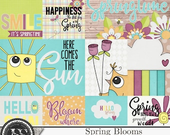 Digitalt scrapbookkit med utsmyckningar av vårblommor, fickor och klippboksmotiv