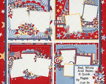 Red White and Boom Digital Scrapbook Kit 12x12 Quick Pages - Digital Scrapbooking