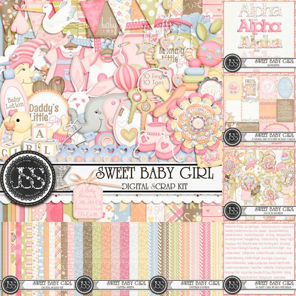 Collection ou lot de kits de scrapbooking numérique Sweet Baby Girl pour le scrapbooking numérique et la création sur papier