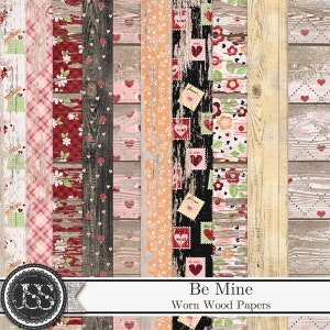Digitales Scrapbook Kit, Be Mine Valentine 12x30 Worn Wood Pattern Papers, Herunterladbar
