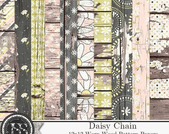 Daisy Chain 12x12 Worn Wood Pattern Papers Digital Scrapbook Kit, Shabby, Grungy