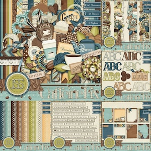Zestaw do scrapbookingu cyfrowego Caffeine Fix Coffee 12x12, sezon śnieżny, elementy, ozdoby