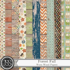 Papeles y fondos con estampado de madera desgastada de 12 x 12 con temática de bosque otoñal, kit de álbum de recortes digital