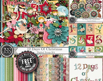 12 Days Of Christmas 12x12 Digital Scrapbook Kit Bundle, Holiday, Festive, Celebrate,Scrapbooking