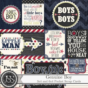 Genuine Boy Pocket Scrap Cards Elements for Digital Scrapbooking, Digital Scrapbook Kit