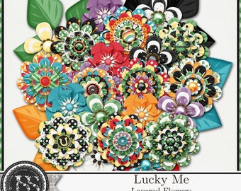 Lucky Me St. Patrick's Day theme Digital Scrapbook Kit, Layered Flowers, Elements, Embellishments