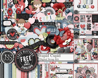 Op de afbeelding: Digitale scrapbookkit met een Valentijnsdagthema. De kit bevat een verscheidenheid aan elementen, zoals papieren, versieringen en alphas. De kleuren zijn rood, zwart, wit en blauw. De kit heet "Stupid Cupid".