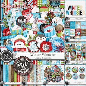 Winter Whimsies 12x12 Zestaw do cyfrowego scrapbookingu, sezon śnieżny, elementy, ozdoby