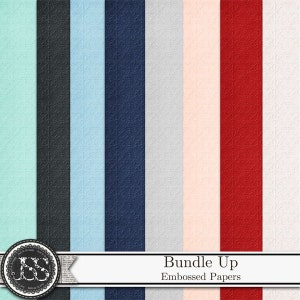 May include: A set of 8 digital papers with an embossed texture. The papers are in various colors, including mint green, black, light blue, navy blue, gray, pink, red, and white. The papers are labeled "Bundle Up Embossed Papers".