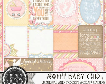 Pode incluir: Um conjunto de cartões de scrapbooking rosa e castanho com um tema de menina. Os cartões apresentam ilustrações de uma cegonha, um carrinho de bebé, pegadas e estrelas. O texto nos cartões inclui as frases "Sweet Baby Girl", "Special Delivery", "First We Had Each Other", "When You Took Your First Breath", e "A Baby Makes Love Stronger".