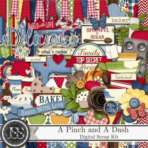 Peut inclure: Un kit de scrapbooking numérique avec un thème rouge, blanc et bleu. Le kit comprend diverses images et éléments de texte liés à la pâtisserie, comme un cupcake, une cuillère, un bol et un rouleau à pâtisserie. Le texte "A Pinch and A Dash" est présenté au centre de l'image.