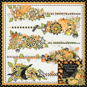 May include: Six digital scrapbook embellishments featuring Halloween themed designs with pumpkins, spiders, and black and white patterns. The embellishments are labeled "Jack O Lantern 6 Clustered Stitches by Just So Scrappy".