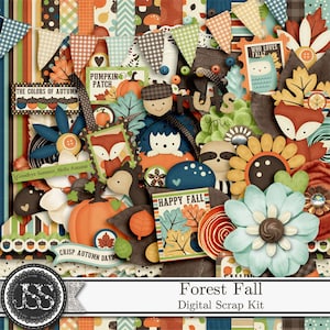 Kit de álbum de recortes digital de 12 x 12 con temática de otoño y bosque