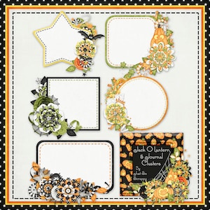 May include: Five Halloween-themed journal clusters with black and white polka dot borders. Each cluster features a different shaped frame with a jack-o-lantern, spider web, and other Halloween decorations. The text "Jack O Lantern 5 Journal Clusters By Just So Scrappy" is in the bottom right corner.