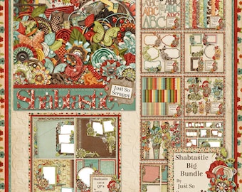 May include: A digital scrapbooking kit with a colorful floral and geometric design. The kit includes a variety of elements, such as papers, frames, embellishments, and alphabetic letters. The text "Shabtastic" and "Just So Scrappy" is included in the design.