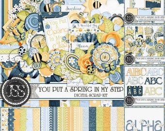 May include: Digital scrapbook kit with a spring theme. The kit includes papers, borders, alphabetic elements, and embellishments in yellow, blue, and green colors. The kit features a bee, butterfly, and flower designs. The text "You Put A Spring In My Step" is featured on the kit.