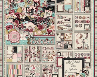May include: A digital scrapbooking kit with a romantic theme. The kit includes 645 elements, 80 papers, and 3 alphabets. The kit features a variety of colors, including pink, red, and blue. The kit also includes a variety of patterns, including floral, polka dot, and plaid. The kit is perfect for creating scrapbook pages, cards, and other paper crafts.