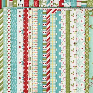 May include: A collection of 24 different fabric swatches featuring a variety of Christmas-themed patterns. The patterns include snowflakes, stars, stripes, polka dots, and more. The fabrics are in a variety of colors, including red, green, blue, and white.