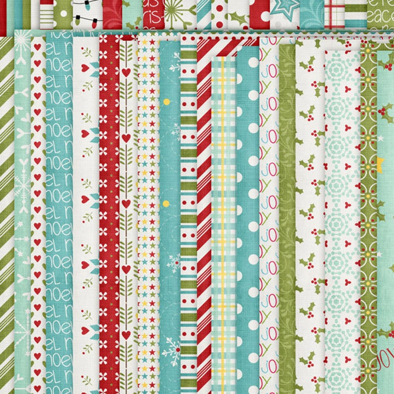 May include: A collection of 24 different fabric swatches featuring a variety of Christmas-themed patterns. The patterns include snowflakes, stars, stripes, polka dots, and more. The fabrics are in a variety of colors, including red, green, blue, and white.