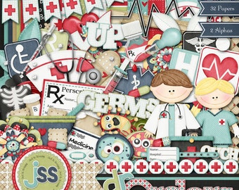 Puede incluir: Un kit de scrapbooking digital con temática de médico y enfermera. El kit incluye 314 elementos, 32 papeles y 2 conjuntos alfa. El kit presenta una variedad de imágenes, incluyendo un médico, una enfermera, un estetoscopio, un termómetro, un frasco de pastillas, una venda y un corazón. El kit también incluye el texto "Dr. Orders" y "Germs".