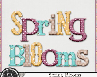 Digitalt scrapbookkit med utsmyckningar av vårblommor och alfabet