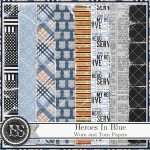 Heroes In Blue Police 12x12 Carta e sfondi con motivi usurati e strappati per scrapbooking digitale