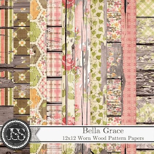 Kit de scrapbooking numérique papiers à motif bois usé Bella Grace, minable, grungy