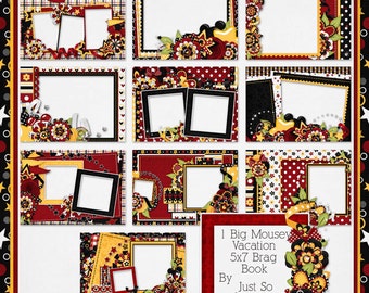 May include: A digital scrapbook template featuring nine different frames with Mickey Mouse and Minnie Mouse themed designs. The frames are decorated with red, yellow, black, and white polka dots, stars, and flowers. The text "1 Big Mousey Vacation 5x7 Brag Book By Just So Scrappy" is at the bottom of the image.
