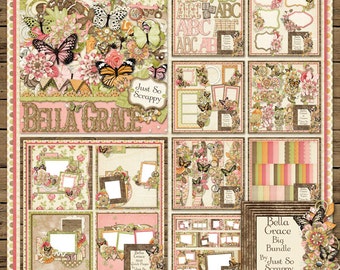 May include: A digital scrapbook kit with a pink and green color scheme featuring butterflies, flowers, and the text "Bella Grace Big Bundle by Just So Scrappy".
