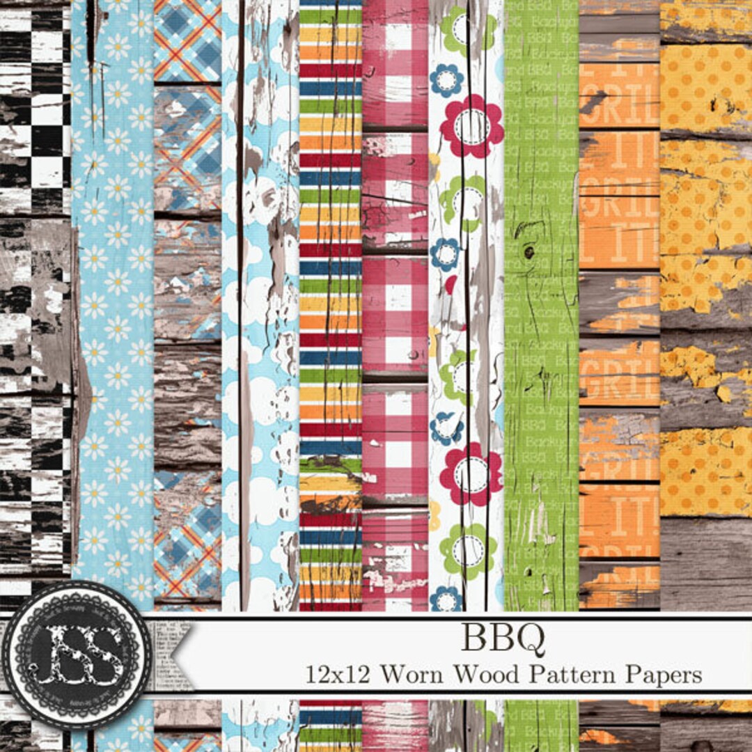 BBQ 12x12 Worn Wood Pattern Papers Digital Scrapbook Kit, Shabby ...