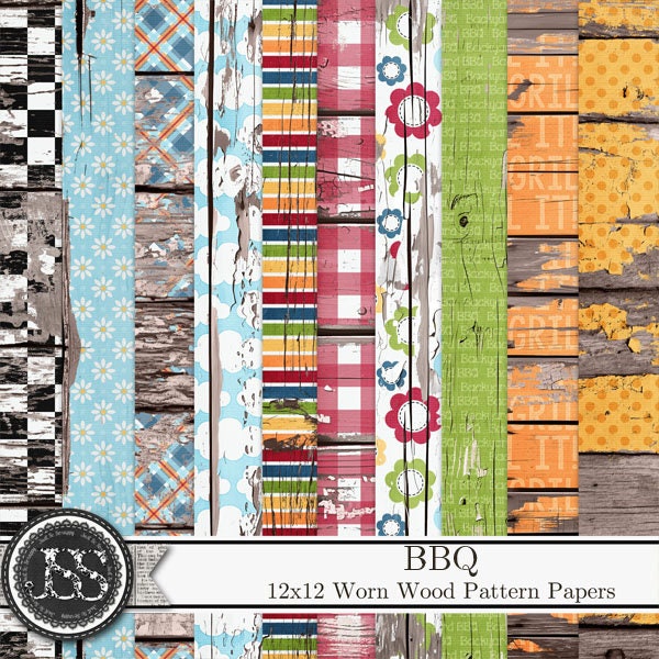 BBQ 12x12 Worn Wood Pattern Papers Digital Scrapbook Kit, Shabby ...