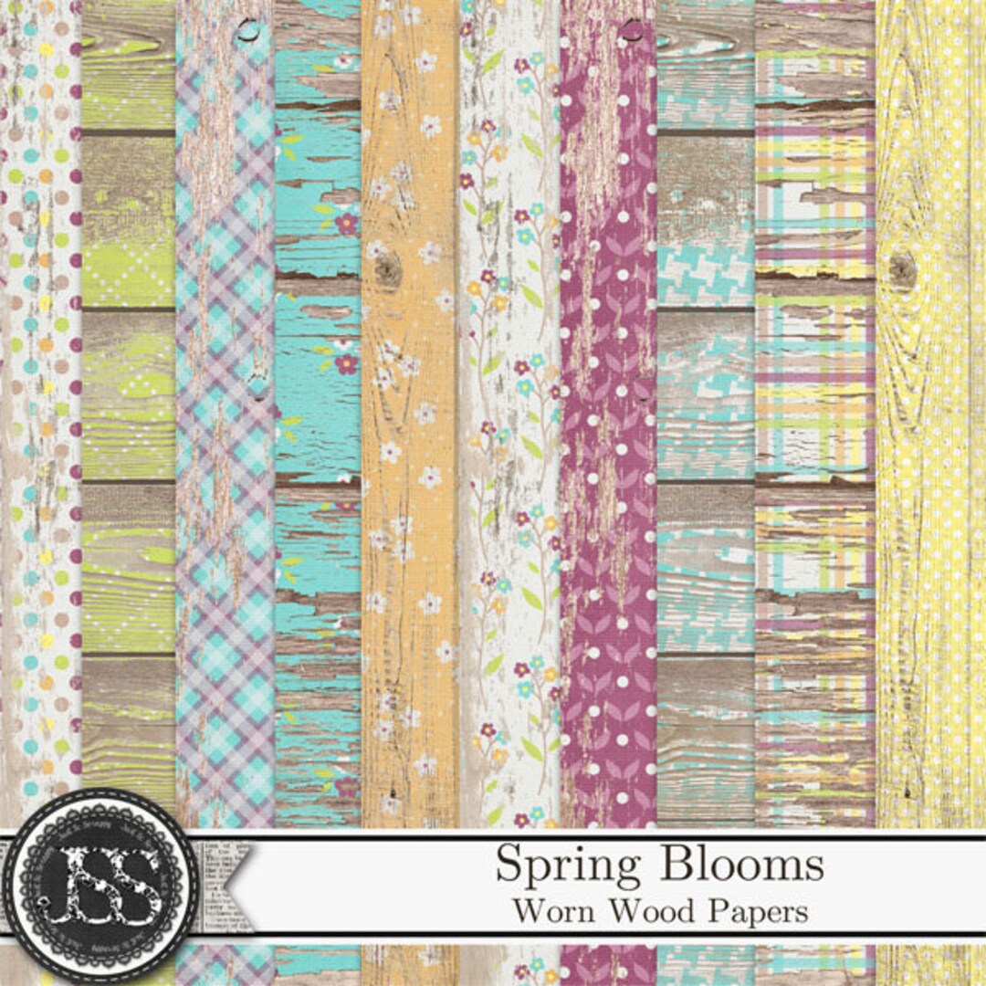 Spring Blooms 12x12 Worn Wood Pattern Papers Digital Scrapbook Kit ...