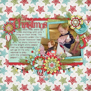 May include: A Christmas-themed scrapbook page with a photo of two young children opening presents. The page features a red and green star pattern background, a blue and green border, and a title that reads "All I want for Christmas".