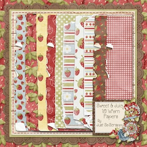 Sweet And Juicy Strawberry Worn and Torn Grungy Papers Digital Scrapbooking