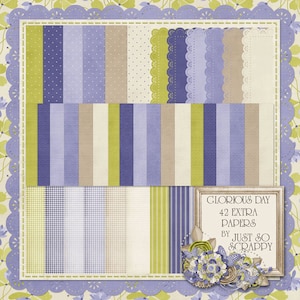 Puede incluir: Un paquete de papel digital con 42 patrones diferentes en tonos de verde, morado y beige. Los patrones incluyen rayas, lunares, cuadros vichy y encaje. El texto "Glorious Day 42 Extra Papers by Just So Scrappy" está en un marco dorado.
