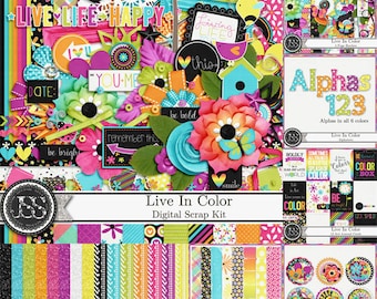 Peut inclure: Un kit de scrapbooking numérique sur le thème des couleurs vives. Le kit comprend des papiers, des alphas, des embellissements et d'autres éléments numériques. Le kit est conçu pour être utilisé dans le scrapbooking numérique et d'autres projets d'artisanat numérique. Le kit présente une variété de couleurs vives, notamment le rose, le bleu, le vert, le jaune et l'orange. Le kit comprend également une variété de motifs, notamment des rayures, des pois et des motifs floraux.