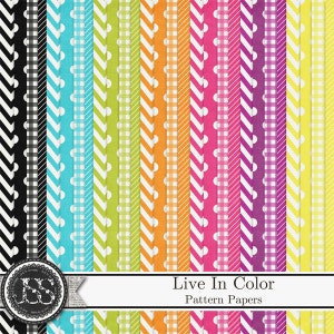 May include: A set of 24 digital paper patterns in various colors and designs, including chevron, polka dot, gingham, and stripes. The papers are labeled "Live In Color Pattern Papers".