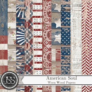 Kit de Scrapbook Digital, American Soul 4 de Julho 12x12 Papéis com Padrão de Madeira Desgastada, Para Download