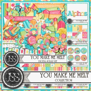 May include: A digital scrapbooking kit with a summer theme. The design features colorful popsicle graphics, flowers, and the text "You Make Me Melt." The color palette includes turquoise, pink, orange, and yellow.