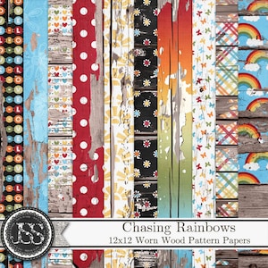 Chasing Rainbows 12x12 Worn Wood Pattern Papers Digital Scrapbook Kit, Shabby, Grungy