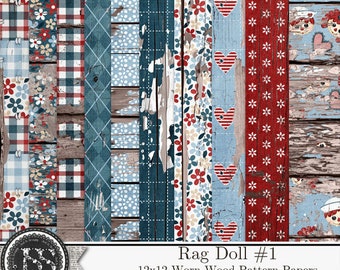 Rag Dolls 1 12x12 Worn Wood Pattern Papers Digital Scrapbook Kit, Shabby, Grungy
