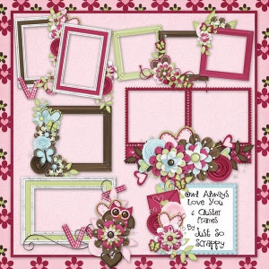 Pode incluir: Um design de papel digital para scrapbooking com seis molduras, com fundo rosa com detalhes florais marrons, vermelhos e verdes. O texto "Owl Always Love You 6 Cluster Frames By Just So Scrappy" está na parte inferior do design.