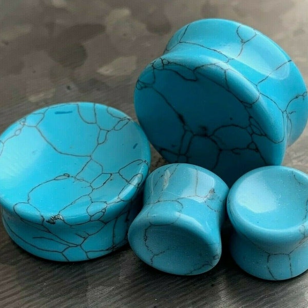 PAIR of Unique Concave  Turquoise Organic Stone Double Flare Plugs - Gauges 6g (4mm) up to 1" (25mm) available!
