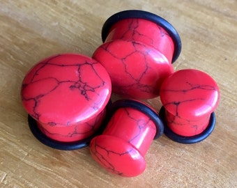 PAIR of Single Flare Red Turquoise Stone Plugs with O-Rings - Gauges 4g (5mm) through 5/8" (16mm)